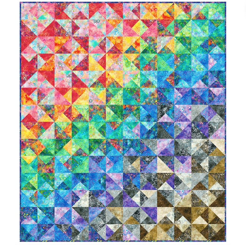 May include: A colorful quilt with a geometric pattern of triangles. The quilt is made up of different shades of red, orange, yellow, green, blue, purple, and gray. The triangles are arranged in a diagonal pattern, creating a sense of movement and depth.