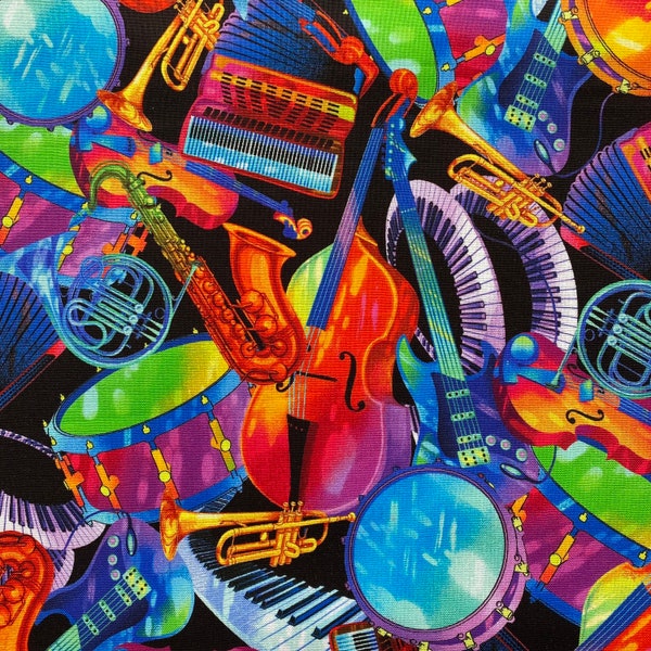 Music JAZZ FUSION Bright Fabric - Timeless Treasures - 100% Cotton Fabric by the Yard or Select Length - MUSIC-CD2231 Bright Instruments