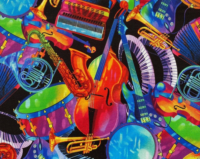 Music JAZZ FUSION Bright Fabric - Timeless Treasures - 100% Cotton Fabric by the Yard or Select Length - MUSIC-CD2231 Bright Instruments