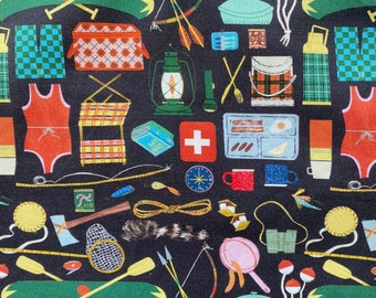 CAMPING GEAR Camp Fabric by the Yard - 100% Cotton Quilt Fabric - Dear Stella - STELLA-DFG2496  Ebony Black Summer Camp Vacation