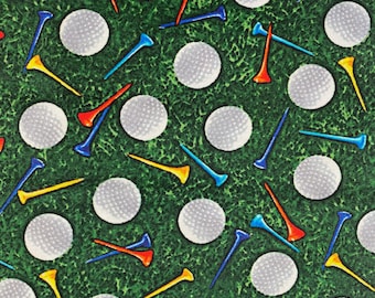 GOLF BALLS and TEES Green Cotton Fabric by the Yard or Select Length