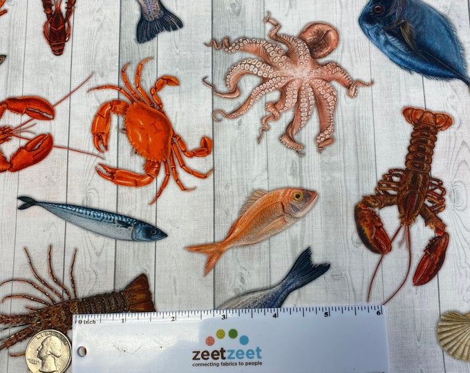 CATCH of the DAY, Seafood, by Robert Kaufman Fabrics, Srk-21251-1 WHITE by the Yard, Half-yard, or Fat Quarter, Crustaceancore Trend
