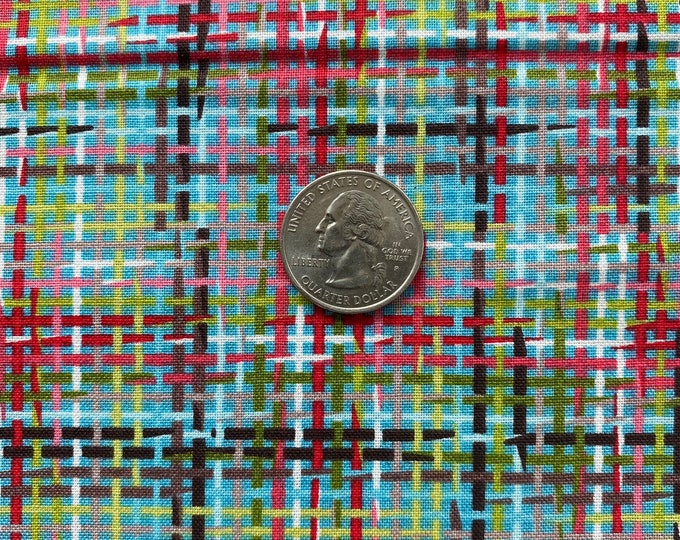 Printed DONEGAL TWEED PLAID #7 Eucalyptus Berry Turq Red Black Fabric by the Yard or cut, 100% Cotton Quilting Fabric