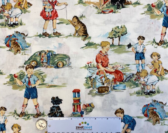 VINTAGE Kids WHITE Dick & Jane Retro Cotton Quilt Fabric by Yard, Half Yard, or Fat Quarter Fq Alexander Henry RARE Out of Print Sageglen