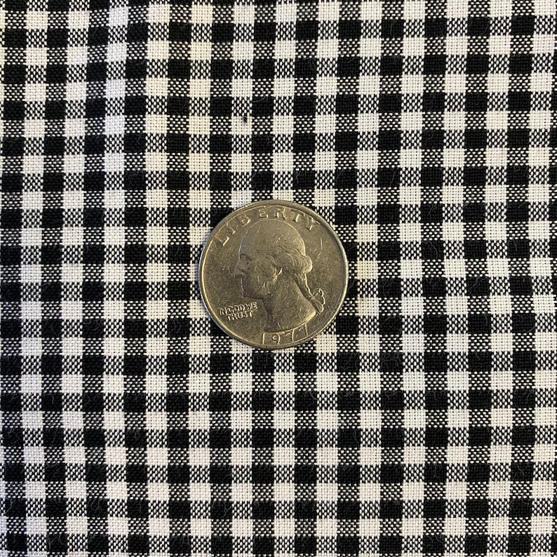 May include: A black and white gingham fabric with a US quarter on top. The quarter is from 1977 and has the words "Liberty" and "In God We Trust" on it.