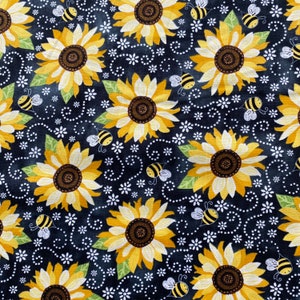 SUNFLOWER & BEE CHALKBOARD Black Yellow Flowers 100% Cotton Quilt Fabric by the Yard or Select Length - Gail C53-45