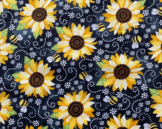 SUNFLOWER & BEE CHALKBOARD Black Yellow Flowers 100% Cotton Quilt Fabric by the Yard or Select Length - Gail C53-45