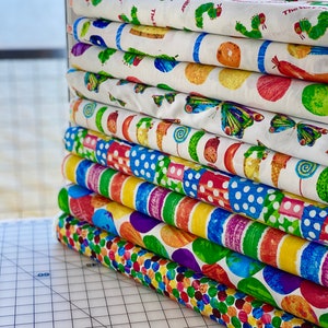 The Very Hungry Caterpillar CLASSICS - 100% Cotton Quilt Fabric - Andover Fabrics by Eric Carle - Food Stripe Snacks Butterflies Spots Fq