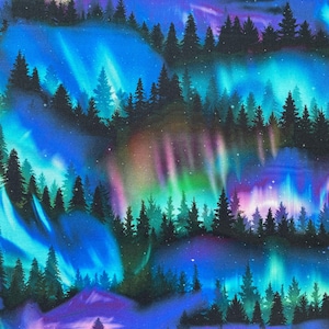 May include: A fabric design featuring a vibrant depiction of the Aurora Borealis. The image showcases a dark forest silhouette against a backdrop of swirling blues, greens, purples, and pinks, creating a celestial and natural scene.