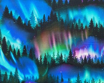 Timeless Treasures Winter Solstice Trees & AURORA BOREALIS Cotton Fabric by the Yard, Half Yard or Fat Quarter NATURE-CD2677 Northern Lights