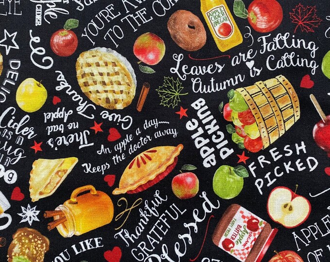 Timeless Treasures HARVEST TREATS & Words Black Apple Pie Apples Fall Cotton Fabric by the Yard or Select Length GAIL-CD1424