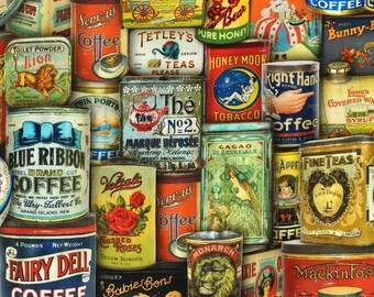 VINTAGE Cans Tins Fabric - Robert Kaufman ANPD-21916-205 - Cotton Quilting Fabric by the Yard or Select Length