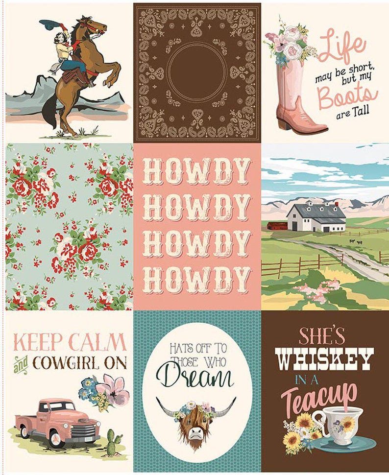 May include: A collage of images with a Western theme. It includes a cowgirl on a horse, floral patterns, a pink cowboy boot with flowers, and text that reads "Howdy," "Life may be short, but my Boots are Tall," and "Keep Calm and Cowgirl On."