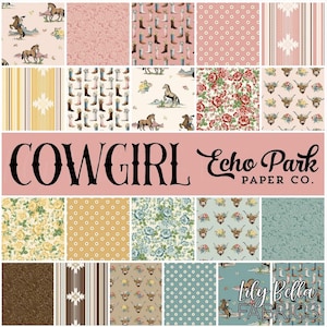 May include: A selection of fabric samples with a cowgirl theme. The patterns feature horses, cowboy boots, floral designs, and polka dots in shades of pink, yellow, and blue. The text "COWGIRL" and "Echo Park Paper Co." are visible.