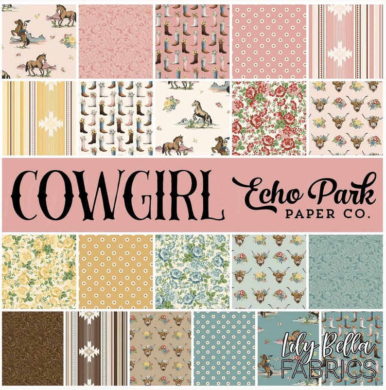 May include: A selection of fabric samples with a cowgirl theme. The patterns feature horses, cowboy boots, floral designs, and polka dots in shades of pink, yellow, and blue. The text "COWGIRL" and "Echo Park Paper Co." are visible.