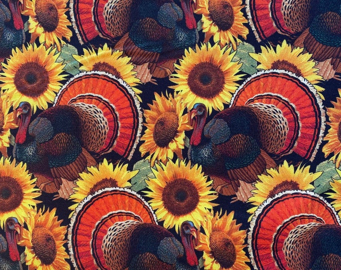 AUTUMN GLORY Thanksgiving Turkey Fall Fabric - Sunflowers - 100% Cotton Fabric by the Yard or Select Length