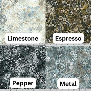 May include: Four fabric swatches with geometric patterns in shades of gray, brown, and white. The swatches are labeled "Limestone", "Espresso", "Pepper", and "Metal".