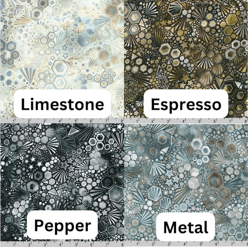May include: Four fabric swatches with geometric patterns in shades of gray, brown, and white. The swatches are labeled "Limestone", "Espresso", "Pepper", and "Metal".