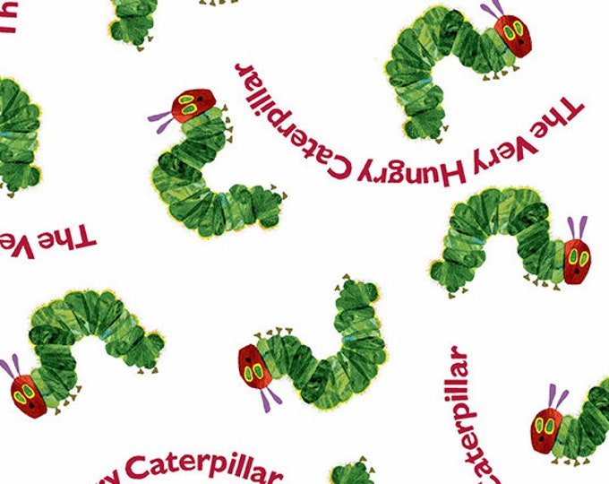 The Very Hungry Caterpillar RED WORDS on White - 100% Cotton Quilt Fabric - From Andover Fabrics by Eric Carle - A7762-G Green