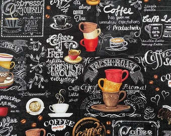 Timeless Treasures COFFEE CHALKBOARD Latte Espresso Black Cotton Fabric by the Yard or Select Length COFFEE-CD2557