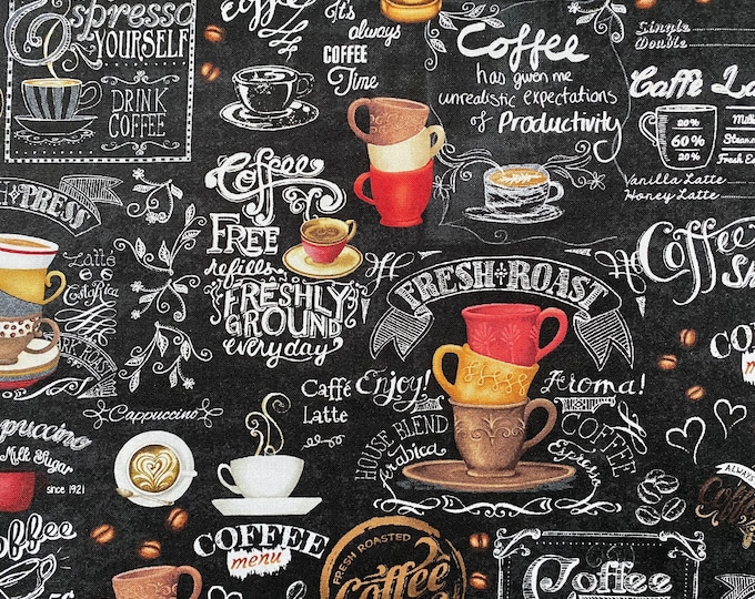 Timeless Treasures COFFEE CHALKBOARD Latte Espresso Black Cotton Fabric by the Yard or Select Length COFFEE-CD2557