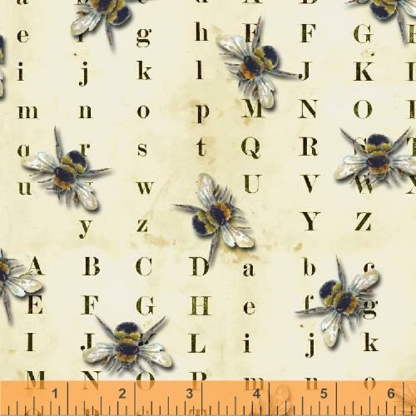 RARE - BEES Vintage LETTERS Quilt Fabric - Tracie Huskamp Mixed Media Collage Garden Tales - by the Half Yard or Fat Quarter