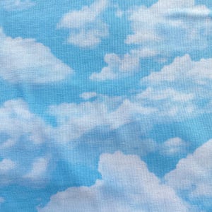 Op de afbeelding: Een blauwe stof met een wit wolkenpatroon. De stof heeft een subtiele textuur.