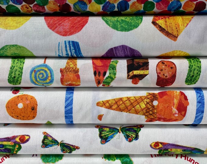 The Very Hungry Caterpillar CLASSICS - 100% Cotton Quilt Fabric - Andover Fabrics by Eric Carle - Food Stripe Snacks Butterflies Spots Fq