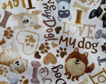 Tossed DOGS & WORDS Cream Dog Fabric - Timeless Treasures - 100% Cotton Fabric by the Yard or Select Length - DOG-CD3317 Cream I Love My Dog