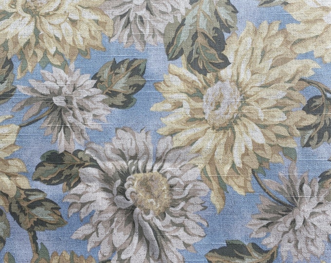 CHRYSANTHEMUM FLORAL Fabric by the Yard, Printed Linen FLOWERS Blue Yellow Natural