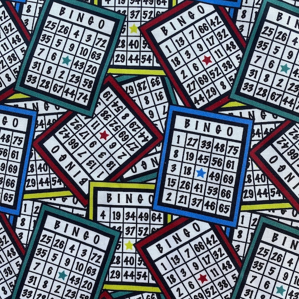 BINGO FABRIC Balls CARDS Game Night - 100% Cotton Fabric by the Yard or Select Length