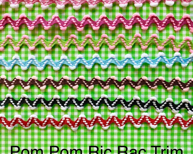 Pom Pom RIC RAC TRIM 5/8" by the Yard - Choose Color & Quantity - Red Pink Green Light Blue Brown Black White - Apparel Bags Pillows Crafts