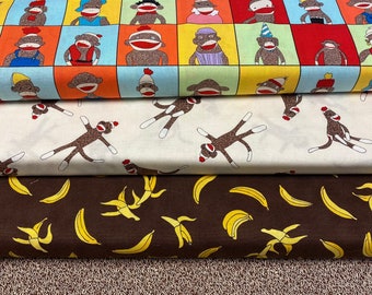 5 FUNKY MONKEYS SOCK Monkey Fabric Erin Michael for Moda  - by the Fat Quarter - Rare & Out of Print Portraits Banana Brown Knit Tossed