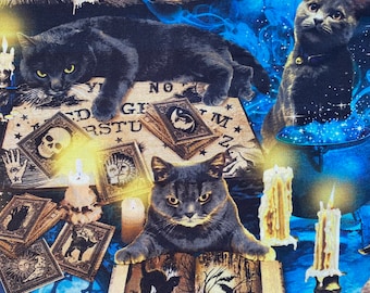 神秘的な不気味な黒猫生地 - 時代を超越した宝物 - 1ヤードあたりまたは長さを選択できる100%コットン生地 - CAT-CD8644 マルチハロウィン猫生地