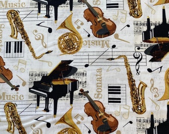 MUSICAL INSTRUMENTS White Gold Metallic Music Fabric - Timeless Treasures - 100% Cotton Fabric by the Yard or Select Length - MUSIC-CM1476