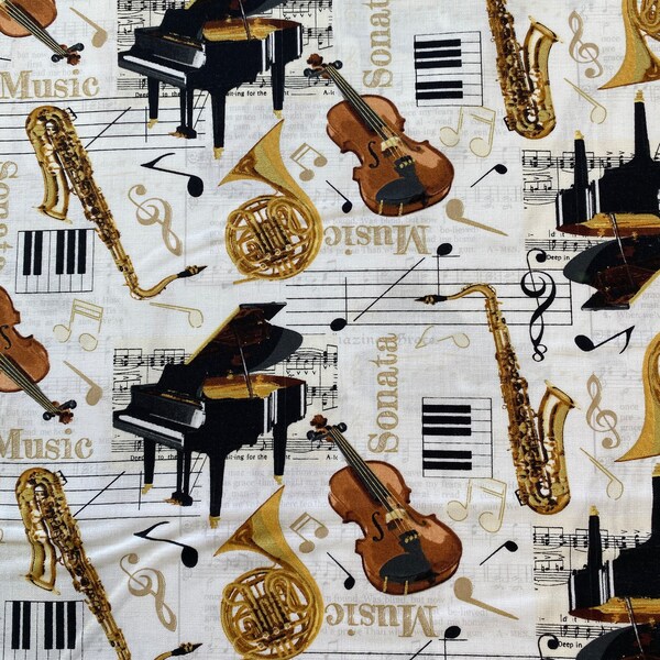 MUSICAL INSTRUMENTS White Gold Metallic Music Fabric - Timeless Treasures - 100% Cotton Fabric by the Yard or Select Length - MUSIC-CM1476