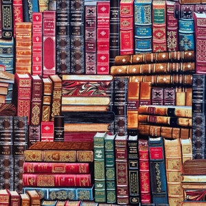 Tecido Vintage com Estampa de Livros de Biblioteca - Tesouros Atemporais - 100% Algodão - Vendido por Metro ou em Comprimento Selecionado - LIBRARY-Cm-8214 - Dourado Multicolorido