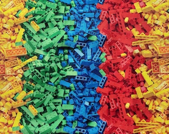 Life-size TOSSED Plastic BUILDING BLOCKS Rainbow Colors Cotton Fabric by the Yard or Select Length Construction Bricks Multi Colored Kids
