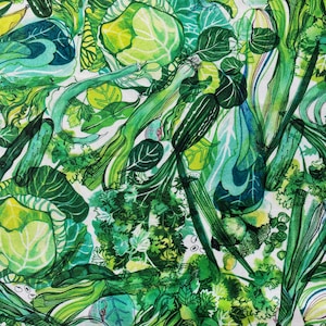 May include: A watercolor painting of a variety of green vegetables, including leafy greens, stalks, and cabbages. The vegetables are arranged in a chaotic pattern, creating a sense of abundance and freshness.