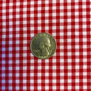 May include: A silver US quarter with the year 1977 on it, sitting on a red and white gingham tablecloth.