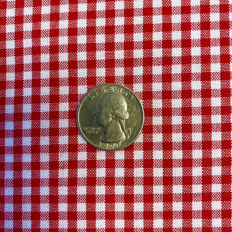 May include: A silver US quarter with the year 1977 on it, sitting on a red and white gingham tablecloth.