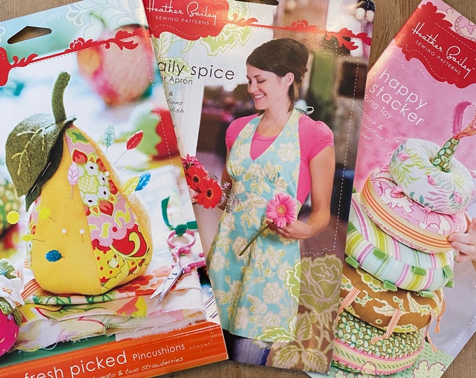 Heather Bailey Sewing PATTERNS PINCUSHIONS APRON Happy Stacker Ring Toy How To Make Instructions Directions