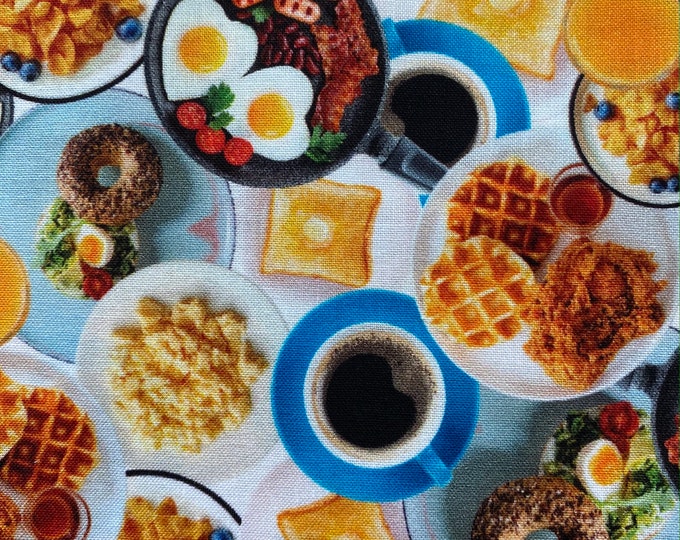 BIG BREAKFAST FOODS 100% Cotton Fabric by the Yard or Select Length Bacon Eggs Waffle