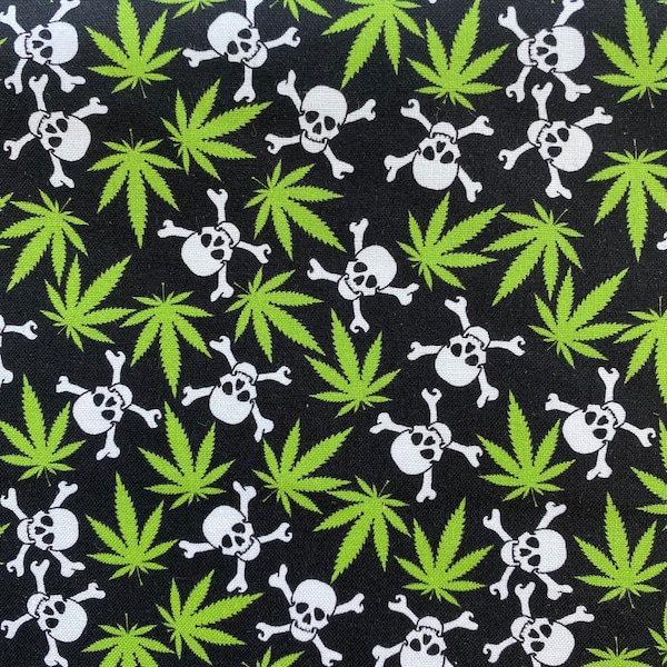 CANNABIS SKULL & CROSSBONES Black Pot Fabric - 100% Cotton Fabric by the Yard or Select Length - Small Scale Design