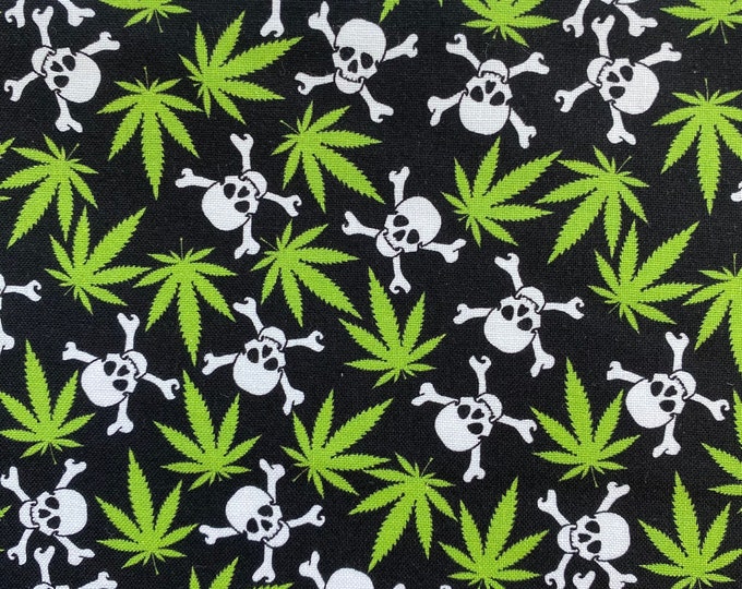 CANNABIS SKULL & CROSSBONES Black Pot Fabric - 100% Cotton Fabric by the Yard or Select Length - Small Scale Design