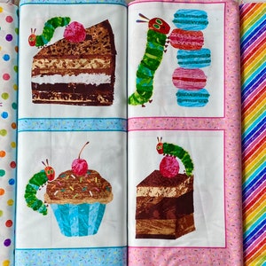 The Very Hungry Caterpillar BAKE SHOP Fabric - 100% Cotton Quilt Fabric - Andover Fabrics by Eric Carle - PANEL Dot Stripe Cupcakes Food