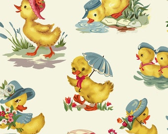 EASTER Fabric CHICKS YELLOW on Cream Cotton Fabric by the Yard or Select Length Springtime for Duckling Freckle and Lollie Flowers Ducks