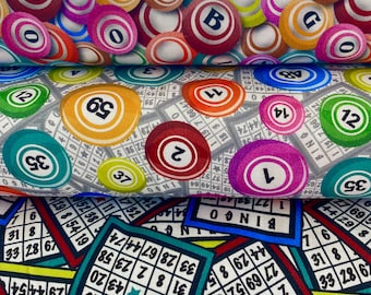 BINGO FABRIC Balls Cards Game Night - 100% Cotton Fabric by the Yard or Select Length