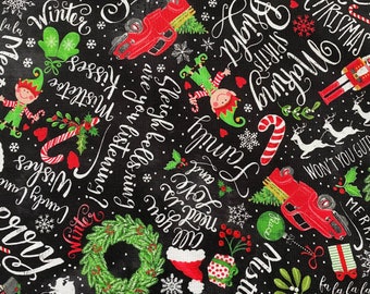 Timeless Treasures HOLIDAY CHALKBOARD Words & Motifs Black Cotton Fabric by the Yard or Select Length GAIL-CD1481