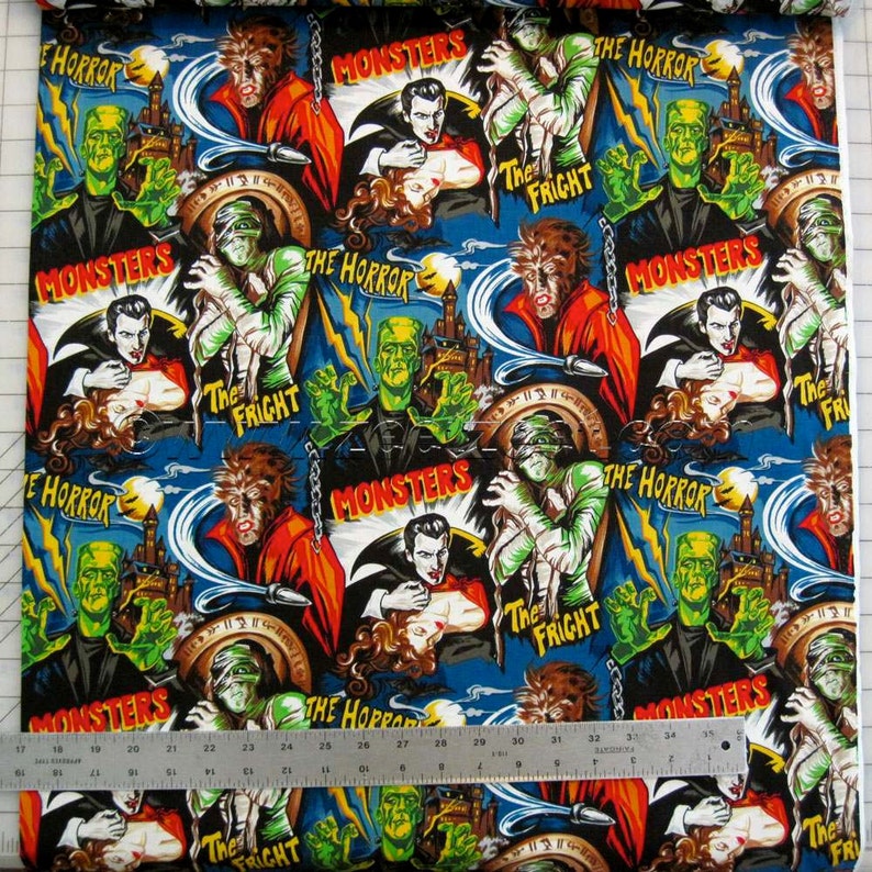 1/2 Yd or Yard MONSTERS Horror Movie Black Robert Kaufman Novelty MONSTER Cotton Quilt Fabric Universal Studios Hollywood Hard to find image 3